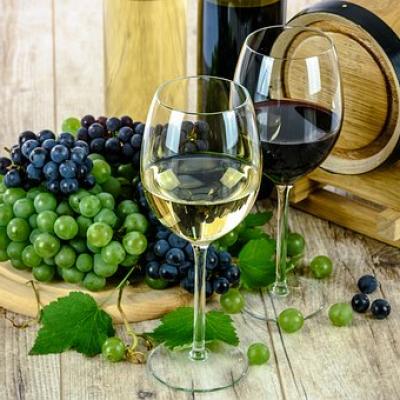 Photo verres vins blanc et rouge tonneau raisins